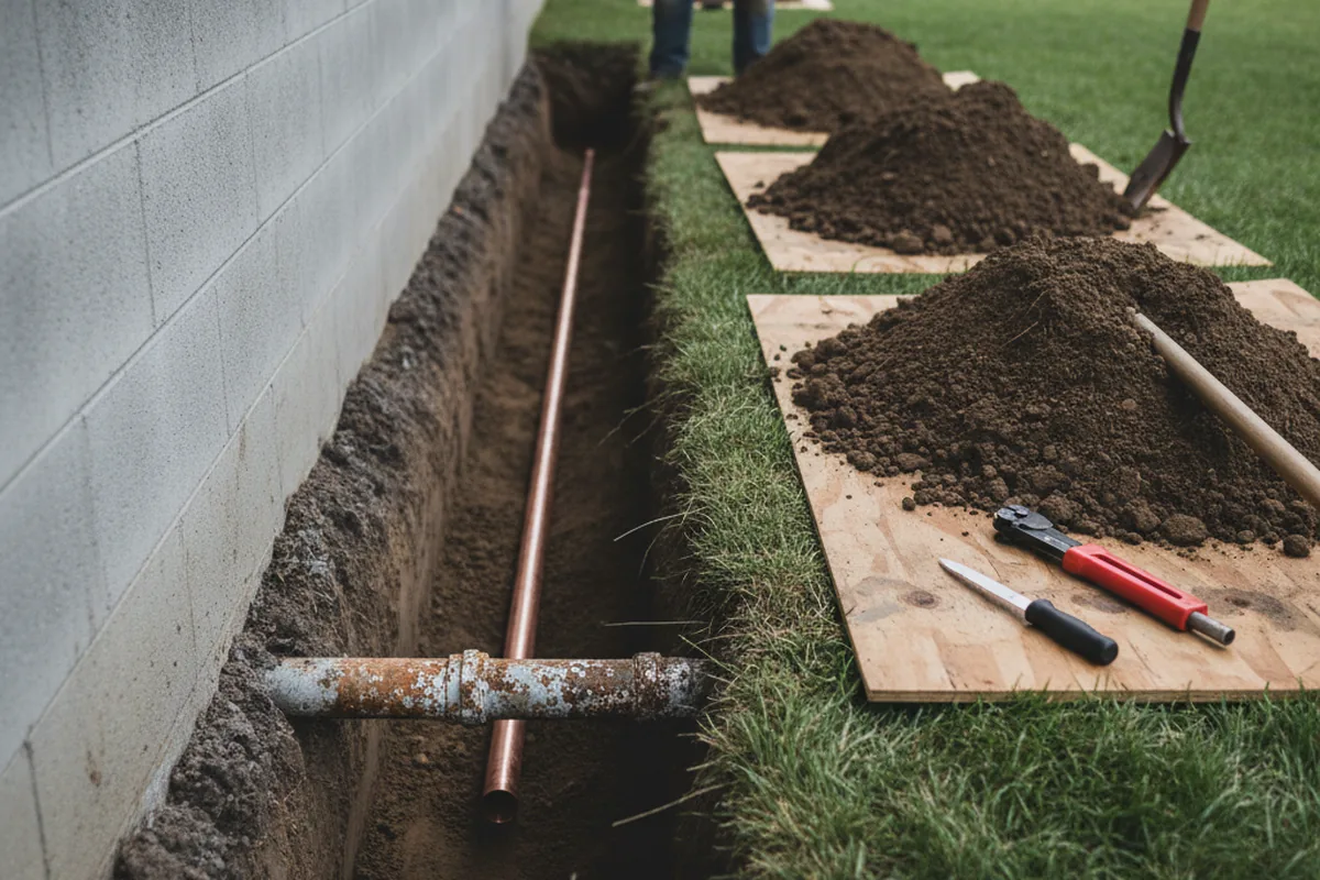 Excavated water line trench during Water Softener Installation in Fort Howard